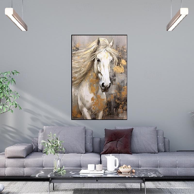 White gold Horse Oil Painting 100% Handmade Horse Portrait Gold Leaf animal horse Painting Acrylic animal Oil Painting Abstract Animal Painting Modern Painting3