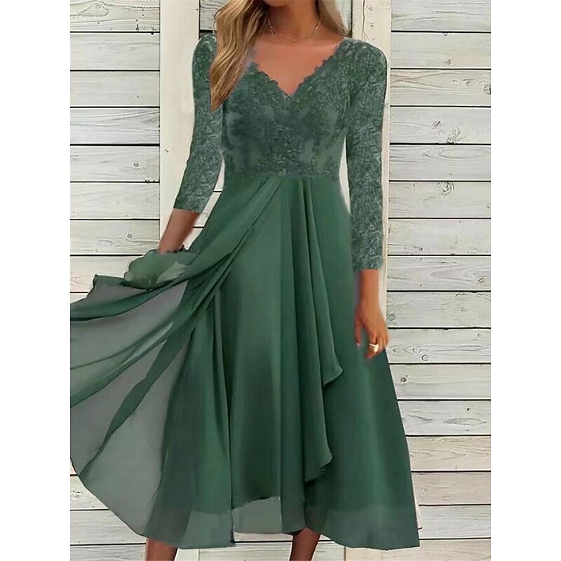 Women's Lace Dress Midi Dress Chiffon Lace Patchwork Date Vacation Streetwear Casual V Neck 3/4 Length Sleeve Blue Green Color2