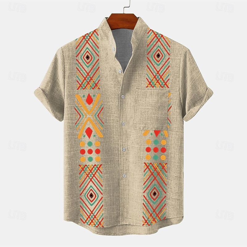 Men's Shirt Button Up Shirt Short Sleeve Vintage Casual Tribal Vacation Daily Summer Spring Band Collar grandad collar Print Green Khaki Beige3