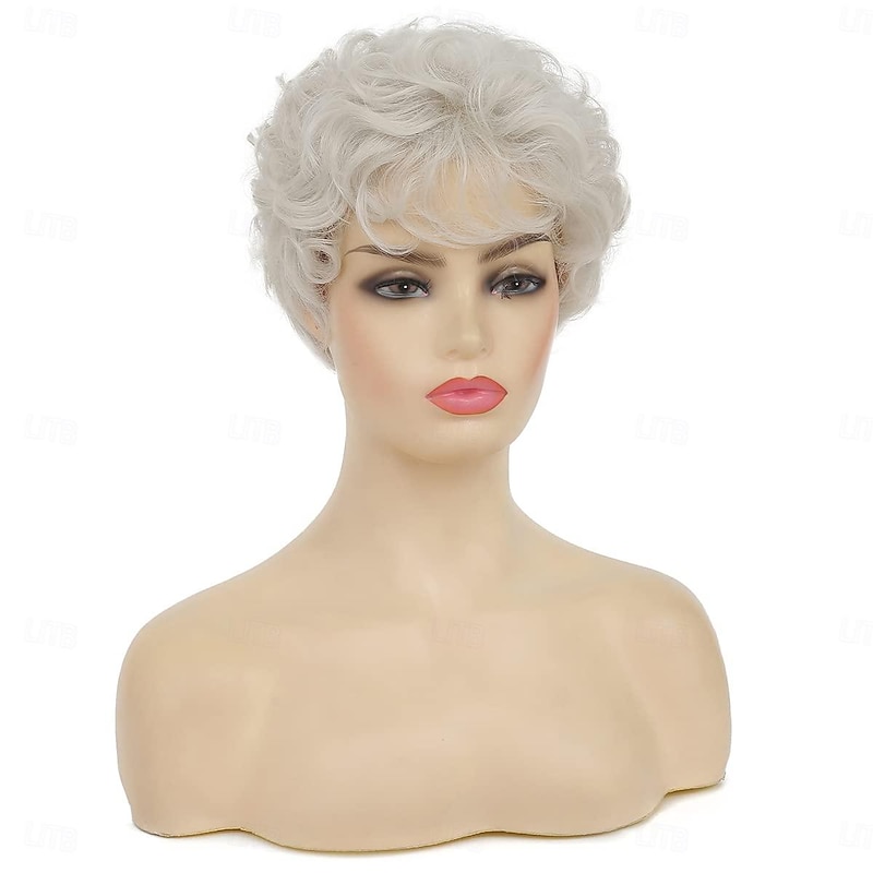 Short White Wigs for Women Synthetic Layered Curly Pixie Wig with Bangs Natural Looking Costume Hair Wig4