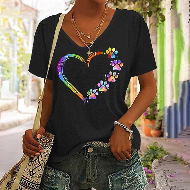 Women's T Shirt Heart Fashion Modern Half Sleeve V Neck Regular Tops Vacation Daily Black White Blue Gray Summer