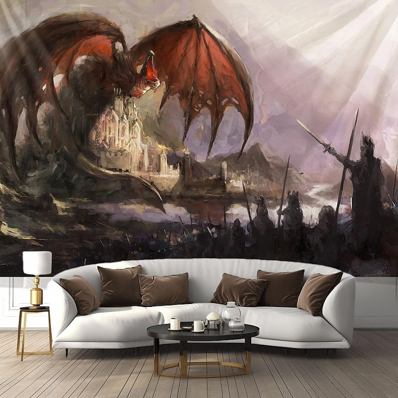 Dragon Castle Knight Hanging Tapestry Wall Art Large Tapestry Mural Decor Photograph Backdrop Blanket Curtain Home Bedroom Living Room Decoration
