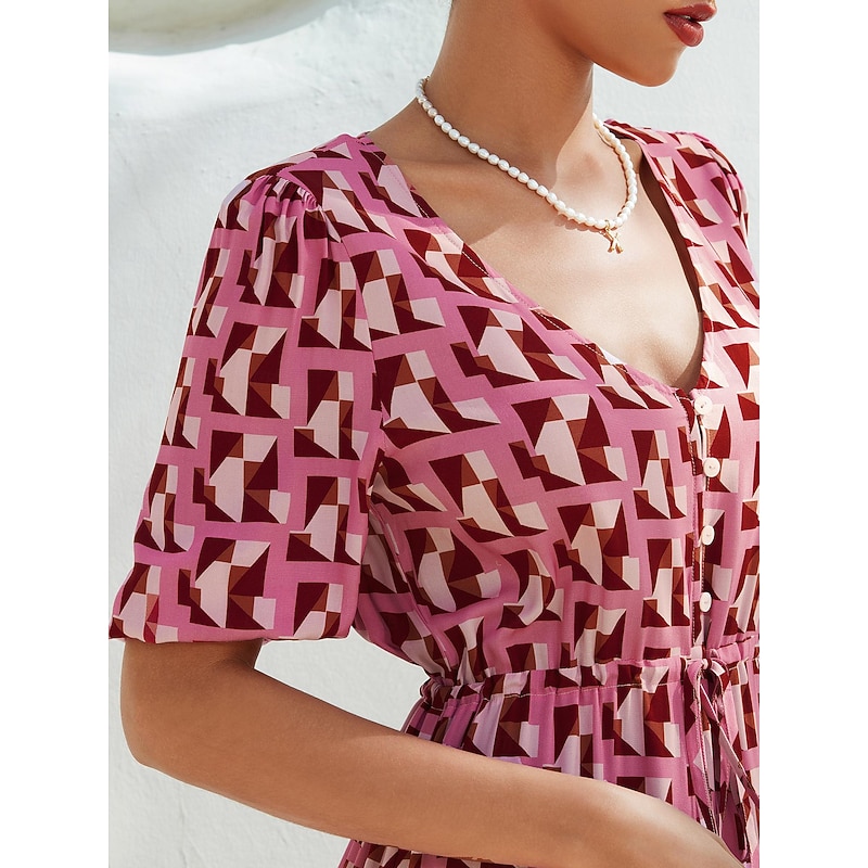 Women's Resort Wear Long Dress Maxi Dress Pink Short Sleeve Geometic Drawstring Spring & Summer V Neck beach vacation S M L3
