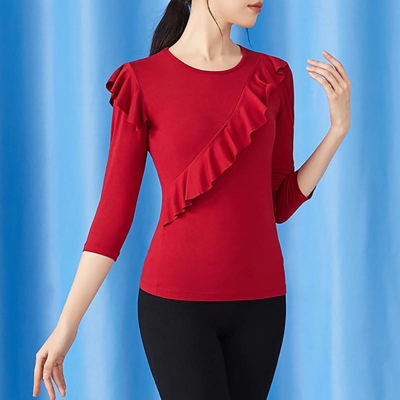 Latin Dance Ballroom Dance Top Ruffles Pure Color Splicing Women's Performance Training 3/4 Length Sleeve High Modal