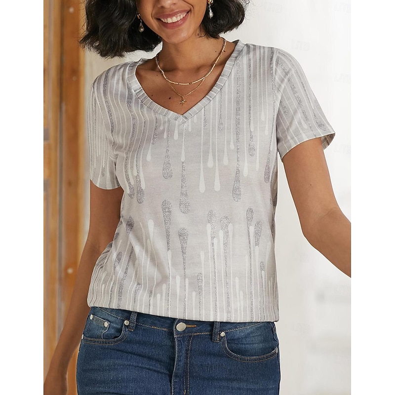 Women's T Shirt Striped Basic Classic Print Short Sleeve V Neck Regular Tops Casual Holiday Weekend Print White Gray Summer Spring