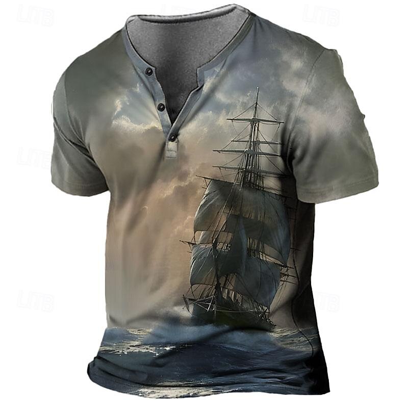 Men's Graphic Lightning Ship T shirt Henley Shirt Short Sleeve 3D Print Designer Retro Vintage Street Casual Summer Spring Blue Gray Henley Henley T-Shirt