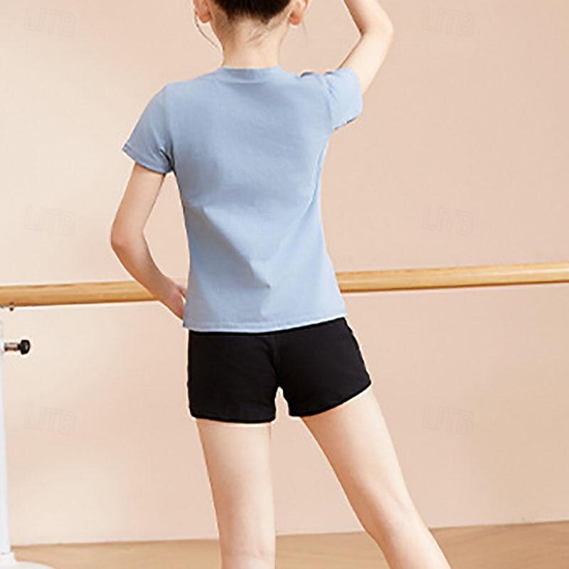 Kids' Dancewear Ballet Top Pure Color Splicing Girls' Performance Training Short Sleeve High Cotton Blend4