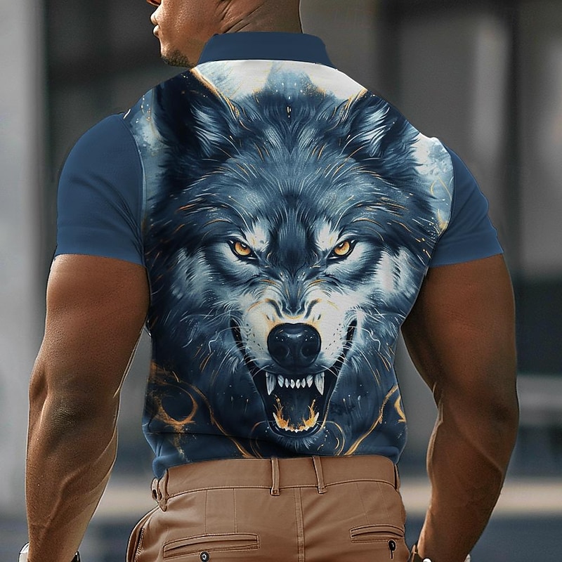 Men's Wolf Polo Shirts Golf Shirt Short Sleeve Polo Shirts Collared Shirts Funny Streetwear Vacation Wear Party Outfits Buttons 3D Print Spring & Summer Blue2