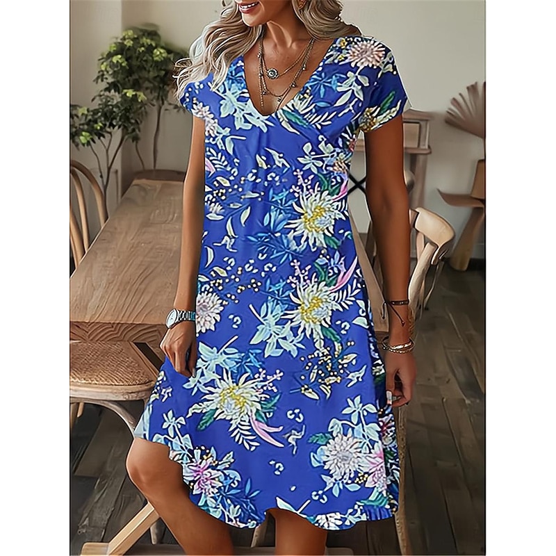 Women's Mini Dress Petite Dress Casual Dress Summer Dress Boho Dress Stylish Casual Vacation Daily Date Regular Fit Floral Short Sleeve V Neck Black White Royal Blue Green Summer4