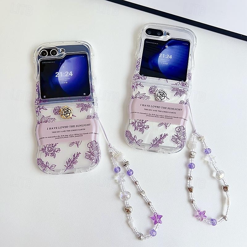 Phone Case For Samsung Galaxy Z Flip 6 Z Flip 5 Z Flip 4 Z Flip 3 Back Cover Translucent with Wrist Strap Shockproof Cartoon Flower Floral TPU3