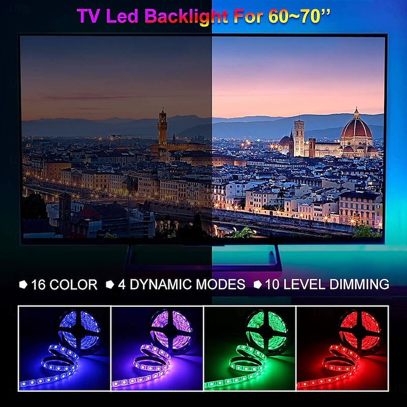 USB Powered LED TV Backlight, 1-4 Meter RGB Waterproof Light Strip, Fits 32-60 Inch (81.3-152.4 cm) TVs, Color Changing LED Strip for TV Display Backlighting4