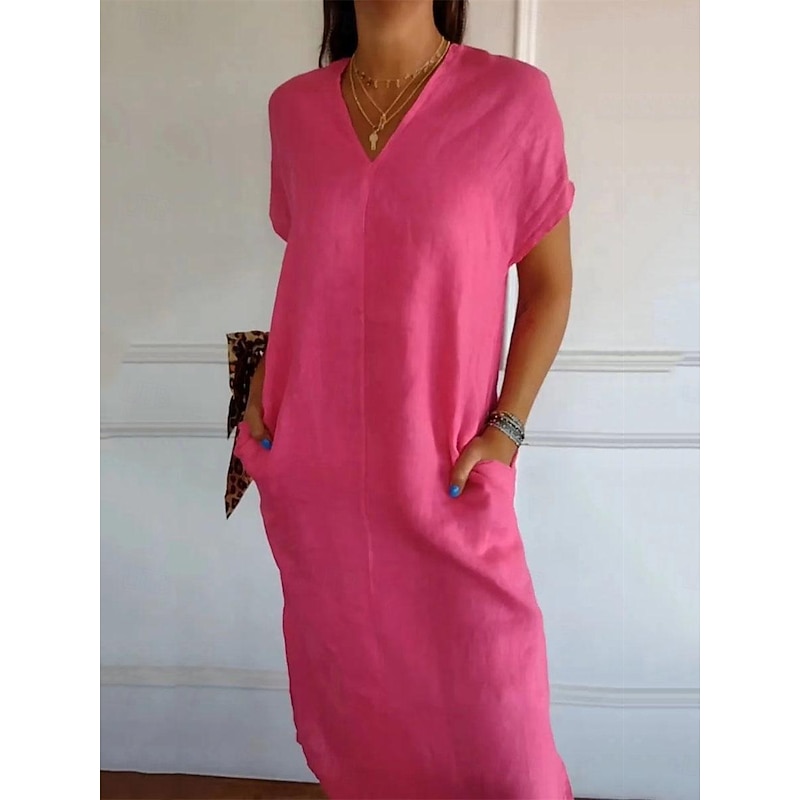 Women's Black Red Green Summer Spring Midi Dress Linen-Inspired Dresses Casual Dress Basic Modern Casual Daily Weekend Loose Fit Plain V Neck4