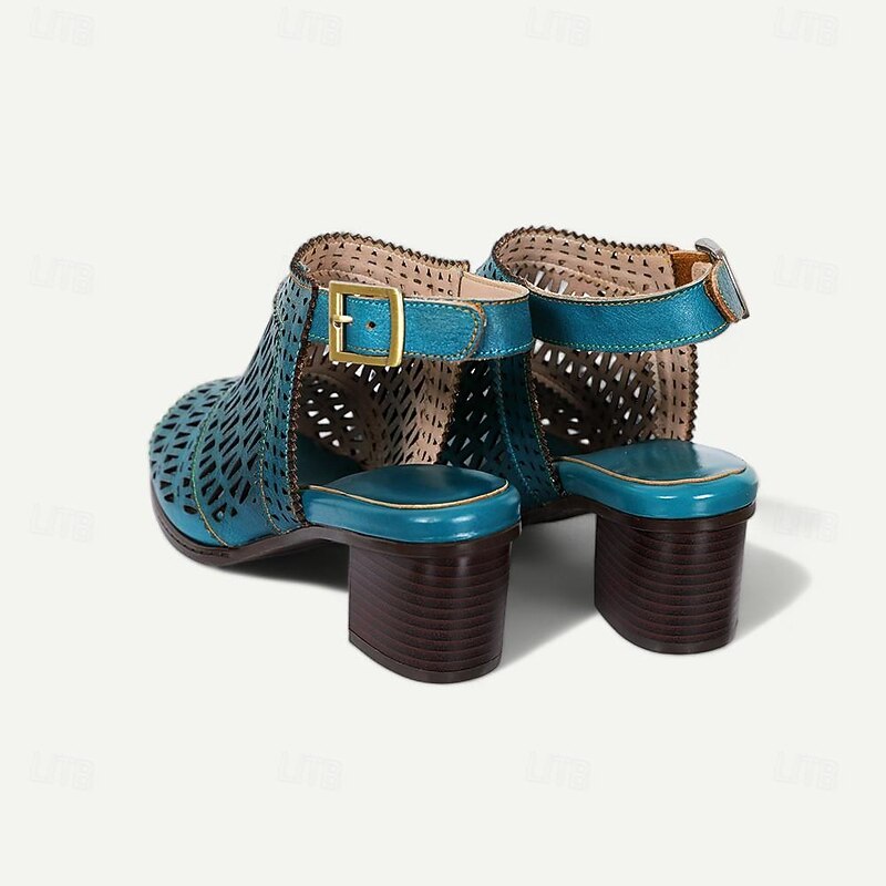 Women's Genuine Leather Cutout Block Heel Sandals in Teal, Vintage Peep Toe Summer Shoes for Casual Wear, Office, and Everyday Comfort4