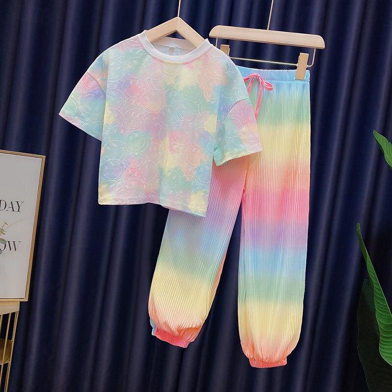 Girls' Summer Rainbow Suit Middle And Big Children's Clothing For Girls Tie-dye Sports 2-piece Sets Baby Girl Clothes2