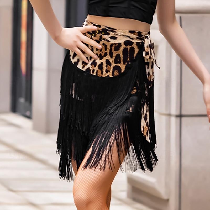 Latin Dance Ballroom Dance Skirts Leopard Print Printing Tassel Women's Performance Training High Spandex