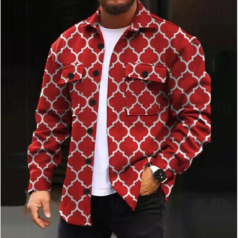 Men's Geometry Shirt Shirt Jacket Overshirt Long Sleeve Casual Outdoor Street Casual Daily Fall & Winter Turndown Buttons Pocket Print Black Red Blue Purple2