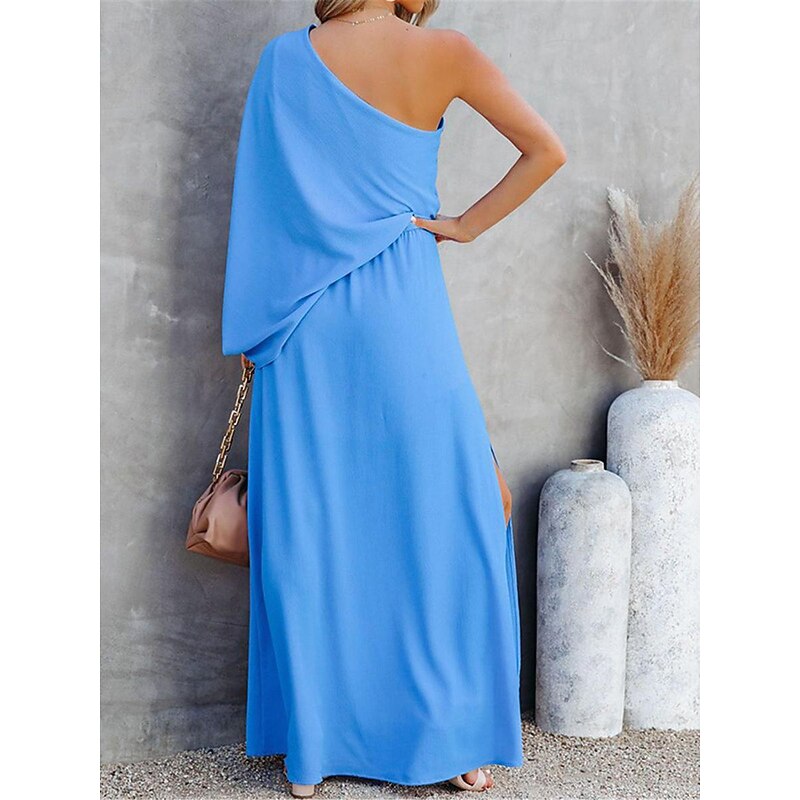Women's Casual Dress Maxi Dress Split Vacation Streetwear Maxi One Shoulder 3/4 Length Sleeve Black Red Blue Color2