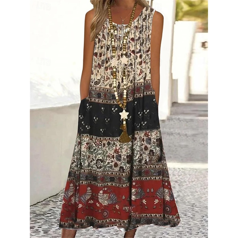 Women's Maxi Dress Tank Dress Ombre Floral Pocket Print Crew Neck Midi Dress Daily Vacation Sleeveless Summer Spring