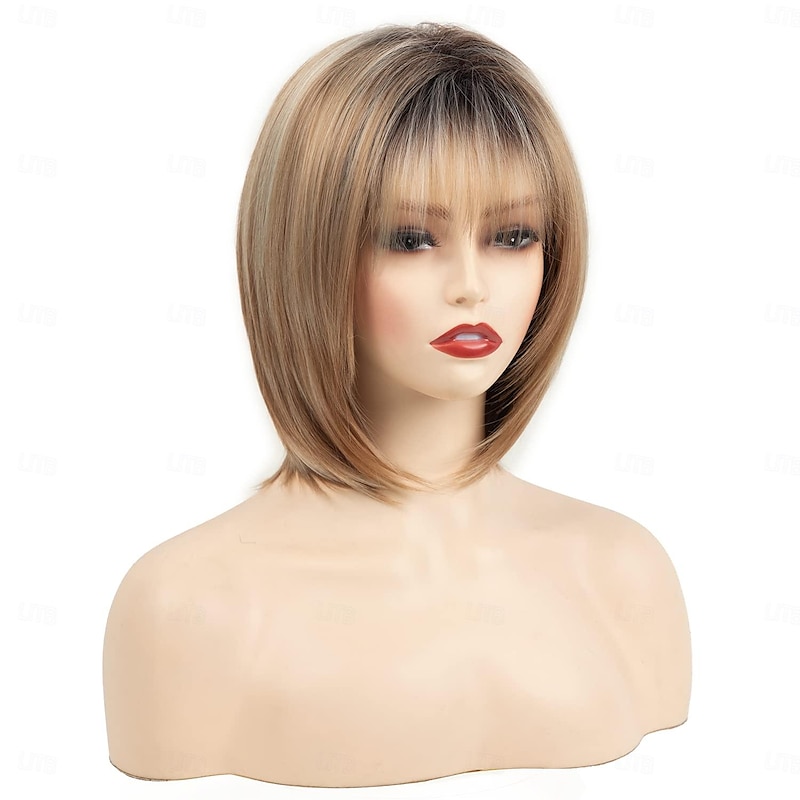 Blonde Highlight Short Pixie Bob Wig with Bangs Straight Ombre Blonde Synthetic Wig with Dark Roots Layered Blonde Wigs for Women4