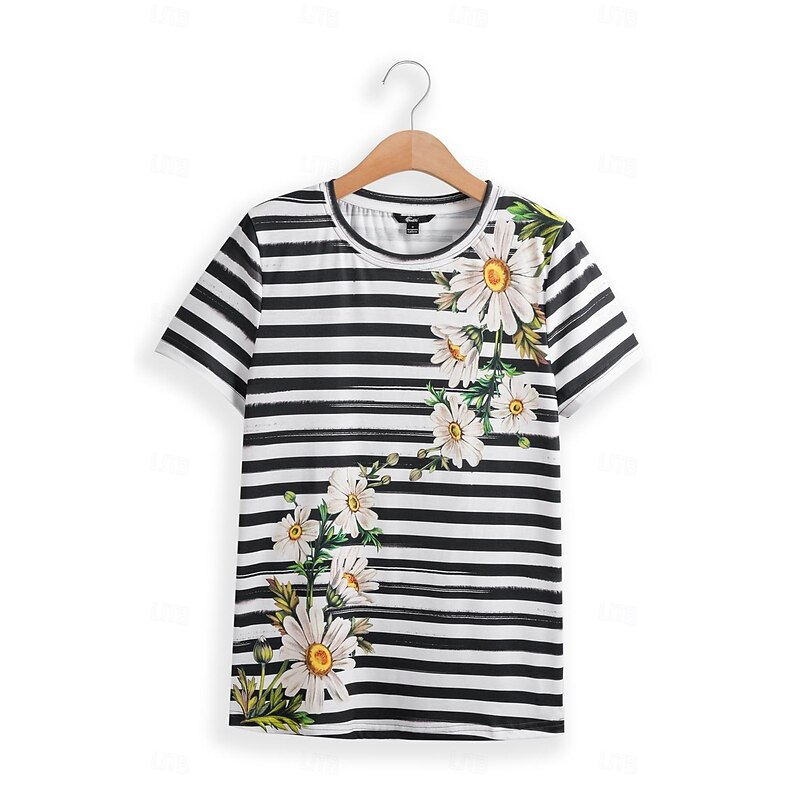 Women's  T-Shirt Daisy Floral Stripe Print Round Neck Short Sleeve Casual Summer Top Regular Fit Fashion Tee Black White Yellow4