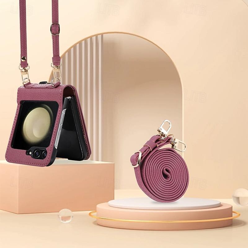 Phone Case For Samsung Galaxy Z Flip 6 Z Flip 5 Z Flip 4 Z Flip 3 Back Cover with Stand Holder with Wrist Strap Card Slot Retro TPU Metal PU Leather4