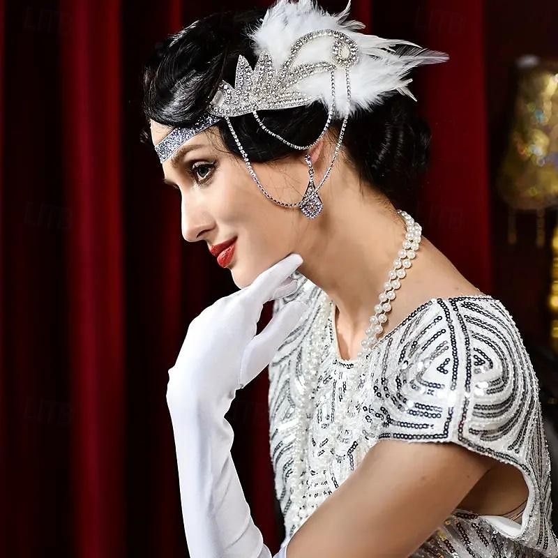 1920s The Great Gatsby Outfits Flapper Headband The Great Gatsby Wedding Guest Collarless Fancy Dress Women's Halloween Carnival Masquerade Party Masquerade Wedding Reception Adults' Gloves Necklace4