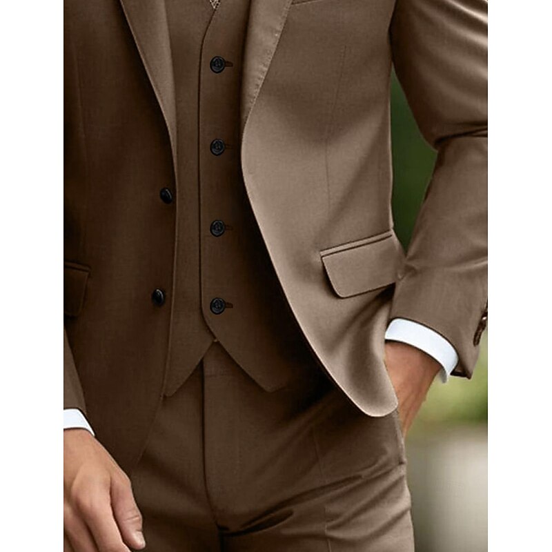 Men's Wedding Suits Notch Burgundy Khaki Daily Business Solid Colored Slim Fit 3 Piece Single Breasted Two-buttons3