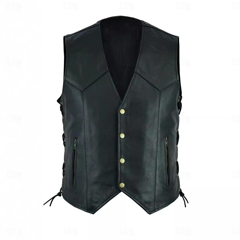 Male Vest Gilet Casual Daily Breathability Drawstring Summer Solid / Plain Color Streetwear V Neck Regular Faux Leather Black Jacket2