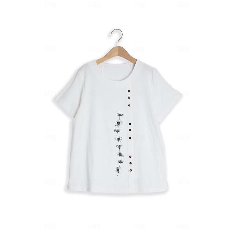 Women's 100% Cotton Shirt Tunic Short Sleeve Crew Neck White Summer Linen Like3