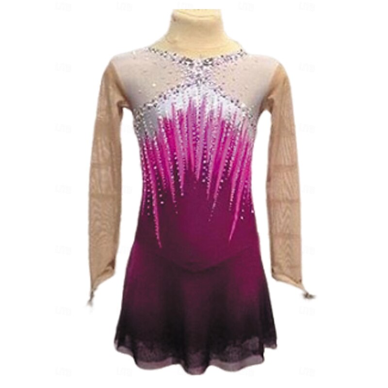Figure Skating Dress Women's Girls' Ice Skating Dress Fuchsia Patchwork Thumbhole Mesh Spandex Stretchy Training Practice Professional Skating Wear Thermal Warm Crystal / Rhinestone Long Sleeve Ice2
