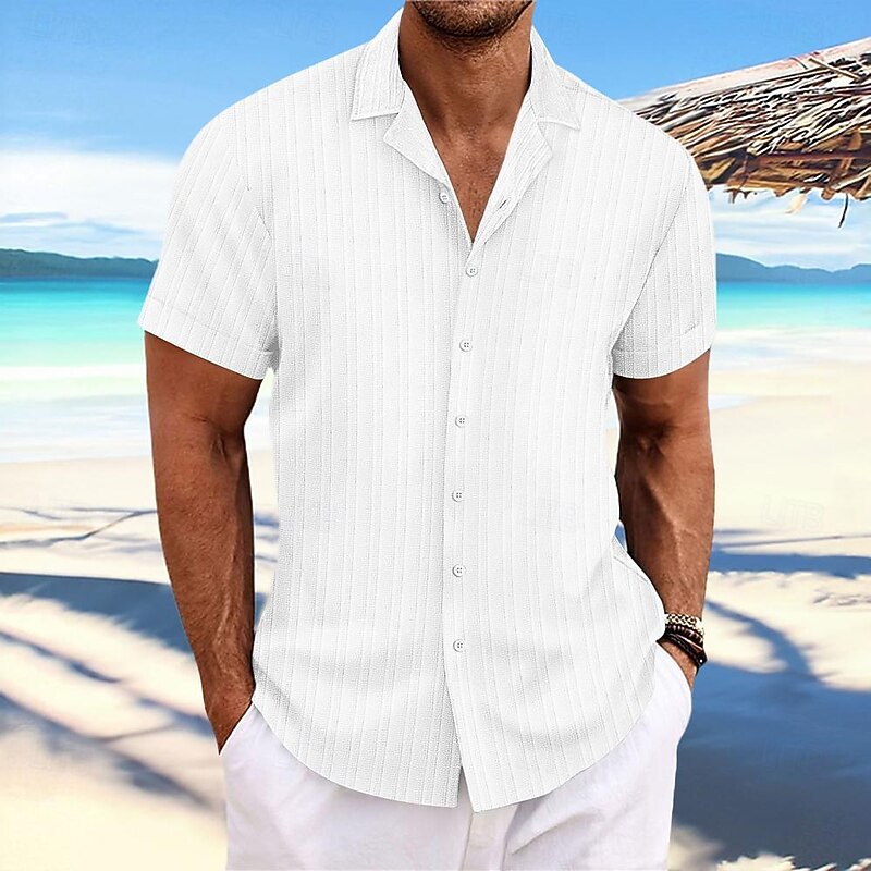 Men's Shirt Summer Shirt Beach Wear Button Up Shirt Casual Shirt Black White Navy Blue Blue khaki Short Sleeve Stripes Lapel Daily Vacation Clothing Apparel Fashion Casual Comfortable