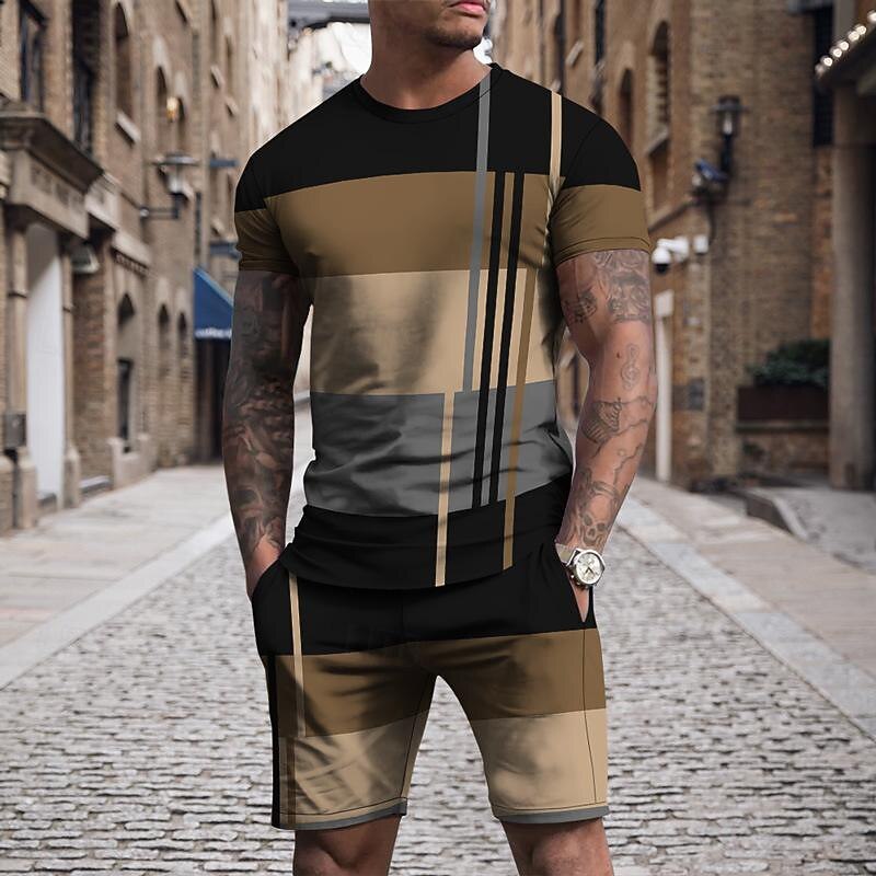 Men's T-shirt Suits 2 Pieces Outfits Tee & Shorts Short Sleeve Crew Neck Summer Color Block Fashion Casual 2 Piece Vacation Daily Wear Going out White Blue Dark Blue Top Tee for Men2