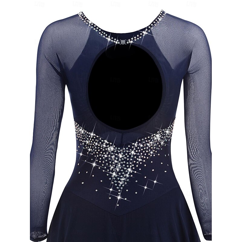 Figure Skating Dress Women's Girls' Ice Skating Dress Dark Navy Patchwork Open Back Mesh Spandex Stretchy Training Practice Professional Skating Wear Crystal / Rhinestone Long Sleeve Ice Skating4