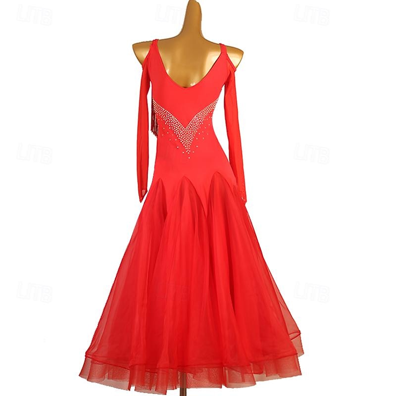 Ballroom Dance Dress Rhinestone Pure Color Women's Performance Training Long Sleeve High Chinlon Organza Tulle4