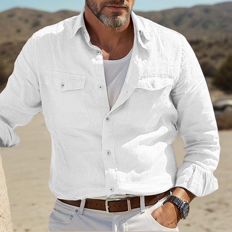 Men's Shirt Linen Shirt Summer Shirt Beach Wear Button Up Shirt Solid Color Street Daily White Blue Green Khaki Long Sleeve Fold-over Collar Clothing Apparel Pocket4