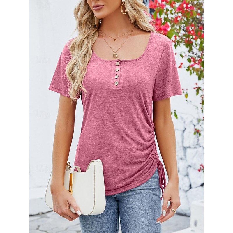 Women's Tunic Plain Fashion Short Sleeve Square Neck Regular Tops Vacation Daily Lace Black Pink Red Summer - Main Image