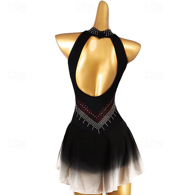 Figure Skating Dress Women's Girls' Ice Skating Dress Black Patchwork Open Back Mesh Spandex High Elasticity Training Practice Professional Skating Wear Classic Crystal / Rhinestone Sleeveless Ice3