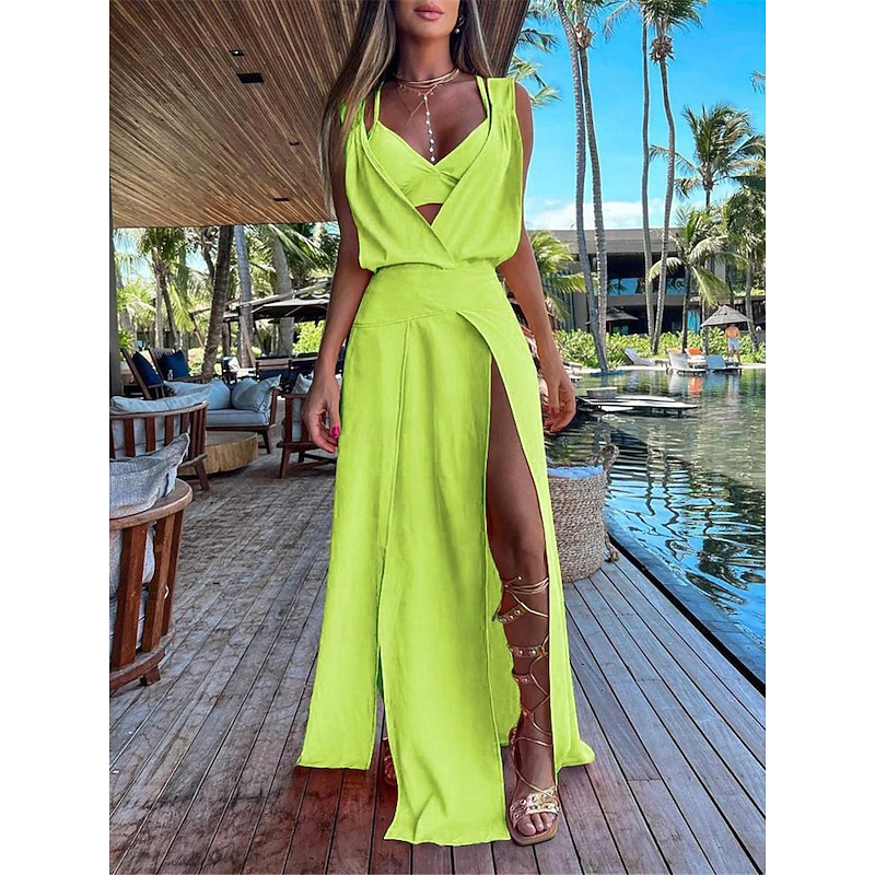 Women's Dress Set Casual Dress Skirt Set Swing Dress Fashion Modern Floral Plain Backless Split Long Dress Maxi Dress Sleeveless V Neck Outdoor Vacation Yellow Red Orange Summer Loose Fit3