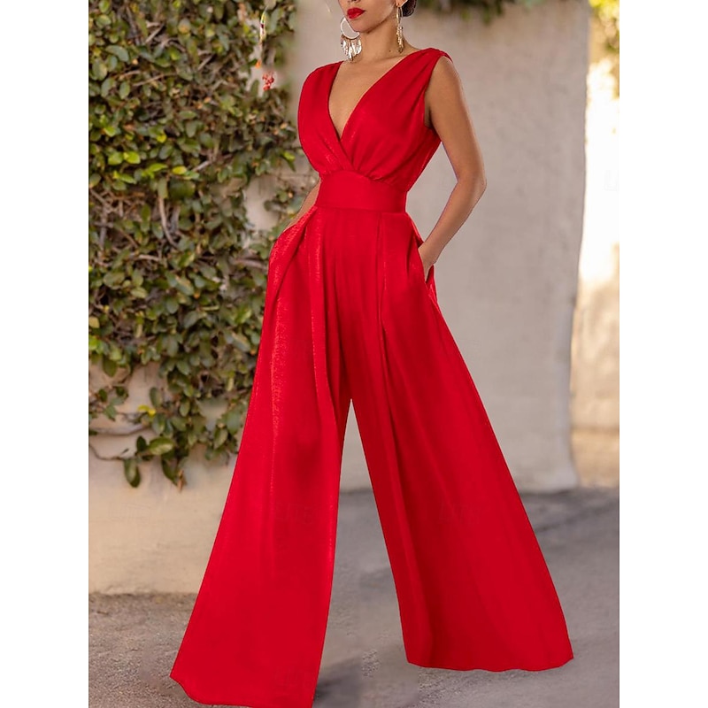 Women's Jumpsuit Pocket Solid Color V Neck Stylish Work Wide Leg Slim Sleeveless  Red Summer