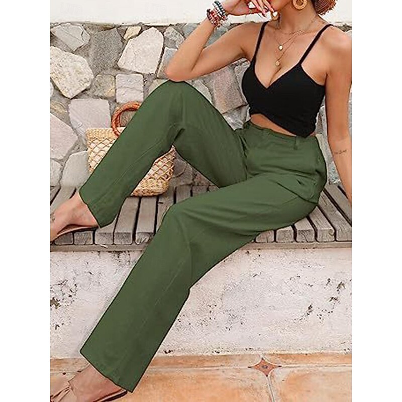 Women's Wide Leg Pants Trousers Casual Daily Long Plain Side Pockets Breathability Comfortable Micro-elastic Weekend Black White Navy Blue Green Spring & Summer Regular Fit3
