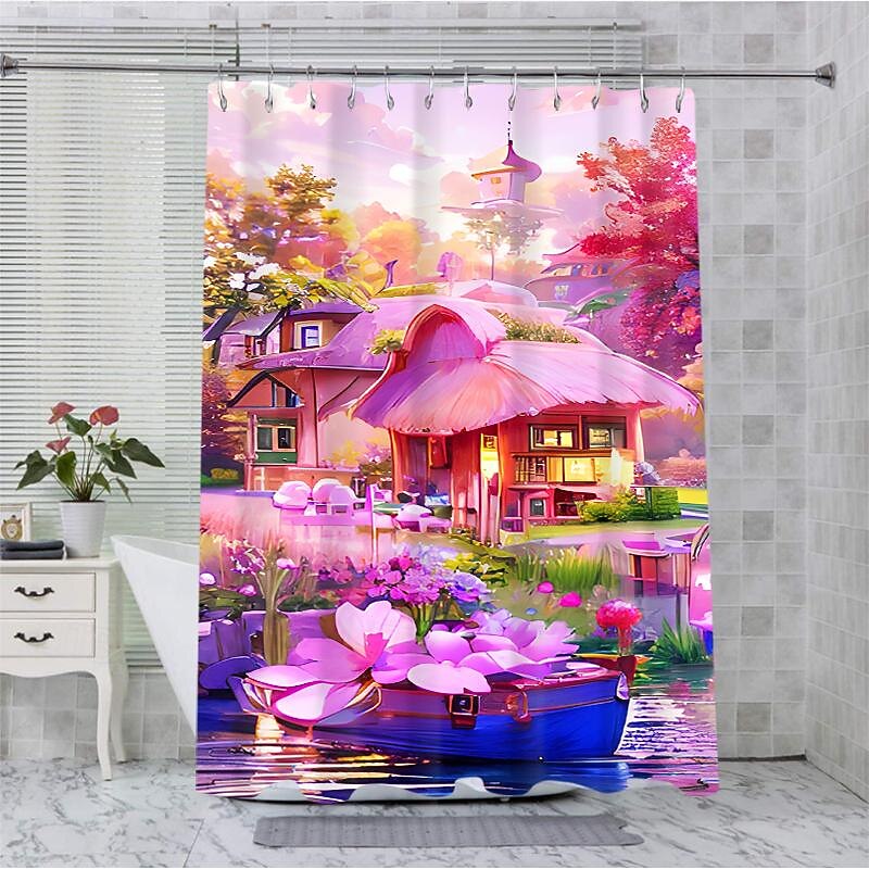 Shower Curtain with Hooks 180cm*180cm(70"*70") Polyester Washable Waterproof Pattern Bathroom Bathtub Decor Romantic Pink Flowers4