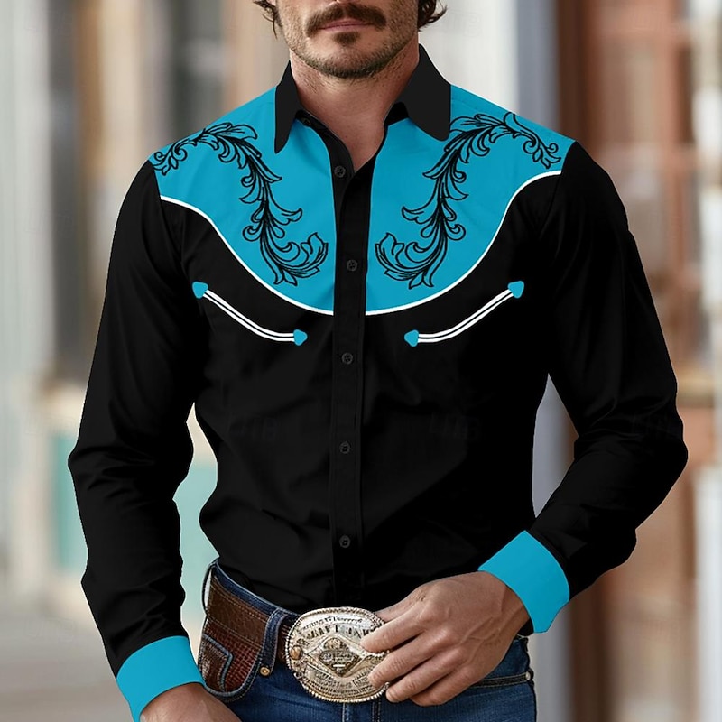 Men's Shirt Western Shirt Cowboy Shirt Long Sleeve Vintage Western Style Outdoor Street Casual Daily Fall & Winter Turndown Buttons Print Black Khaki4