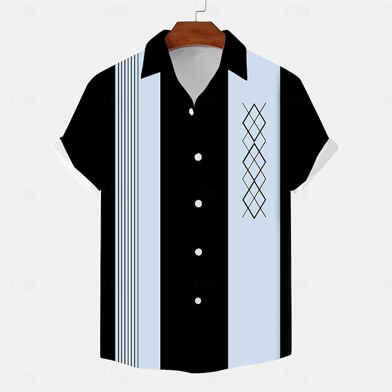 Men's Bowling Shirt Button Up Shirt Printed Shirts Short Sleeve Casual Outdoor Daily Summer Turndown Print Button-Down Black Blue Khaki4