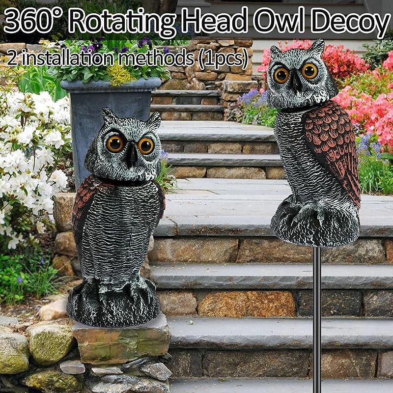 Bird Scarecrow Fake Owl Decoy Sculpture Rotating Head Plastic Owl Bird Deterrents Nature Enemy Horned Pest Repellent for Outdoor Garden Yard3
