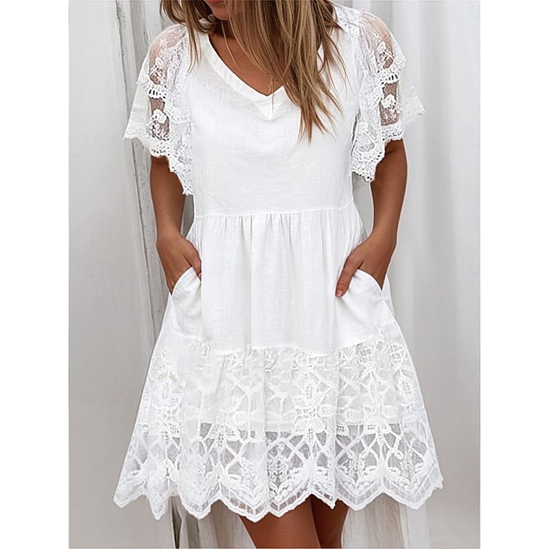 Women's Mini Dress White Dress Lace Dress Casual Dress A Line Dress Maxi A Line Street Holiday Date Regular Fit Short Sleeve V Neck White Summer