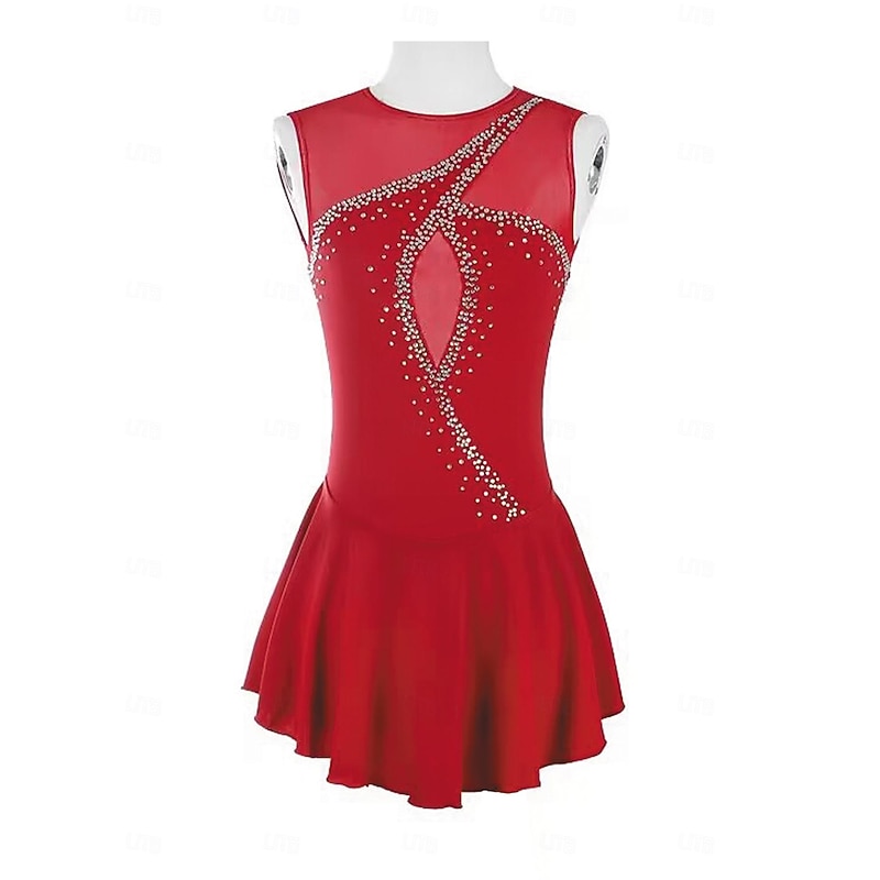 Figure Skating Dress Women's Girls' Ice Skating Dress Burgundy Patchwork Thumbhole Mesh Spandex Stretchy Training Practice Professional Skating Wear Thermal Warm Crystal / Rhinestone Sleeveless Ice