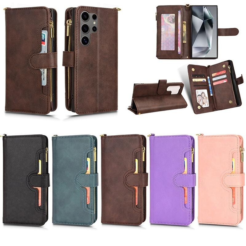 Phone Case For Samsung Galaxy S24 S23 S22 S21 Ultra Plus A34 A54 A53 A33 S20 FE Wallet Case Magnetic Zipper with Wrist Strap Retro TPU PU Leather
