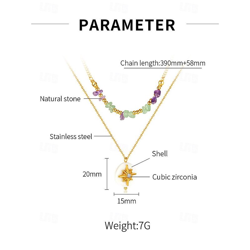 Women's Chic Multi-Colored Natural Stone and Shell Pendant Necklace - Gold-Plated Stainless Steel Chain with Cubic Zirconia Accent4
