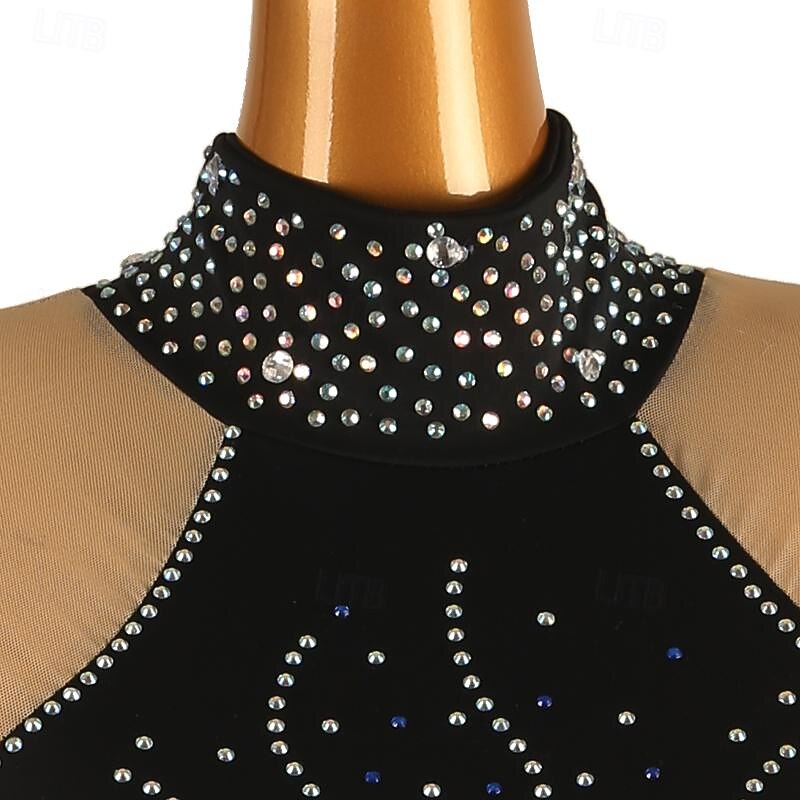 Figure Skating Dress Women's Girls' Ice Skating Dress Black Patchwork Open Back Mesh Spandex High Elasticity Training Practice Professional Skating Wear Classic Crystal / Rhinestone Long Sleeve Ice4