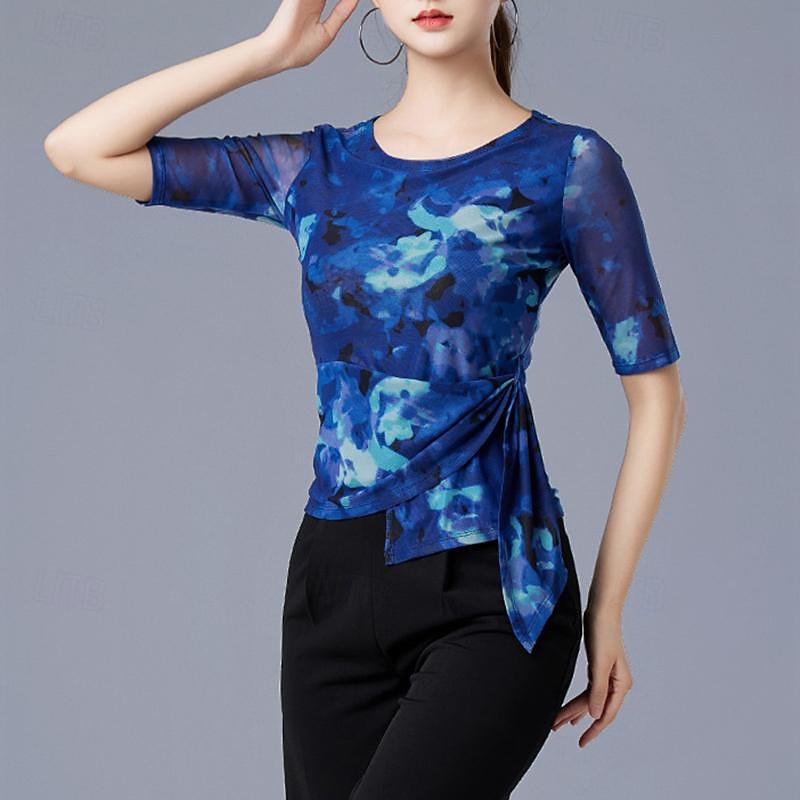 Latin Dance Ballroom Dance Top Printing Splicing Tulle Women's Performance Training Half Sleeve High Polyester3